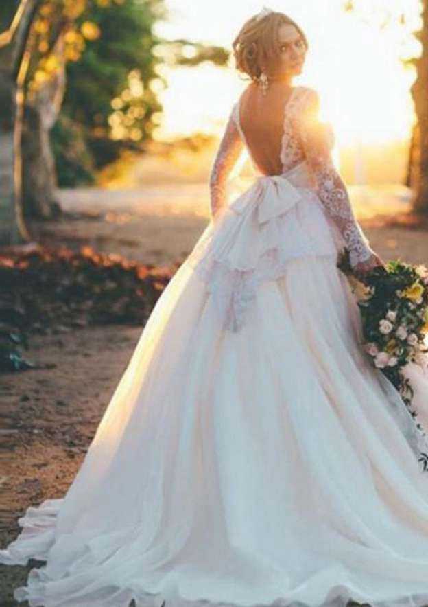 Sophisticated Organza Sweep Train A-Line/Princess Wedding Dress: Full Long Sleeve with Bateau Neck and Beaded Appliqued BM bride