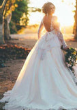 Sophisticated Organza Sweep Train A-Line/Princess Wedding Dress: Full Long Sleeve with Bateau Neck and Beaded Appliqued BM bride
