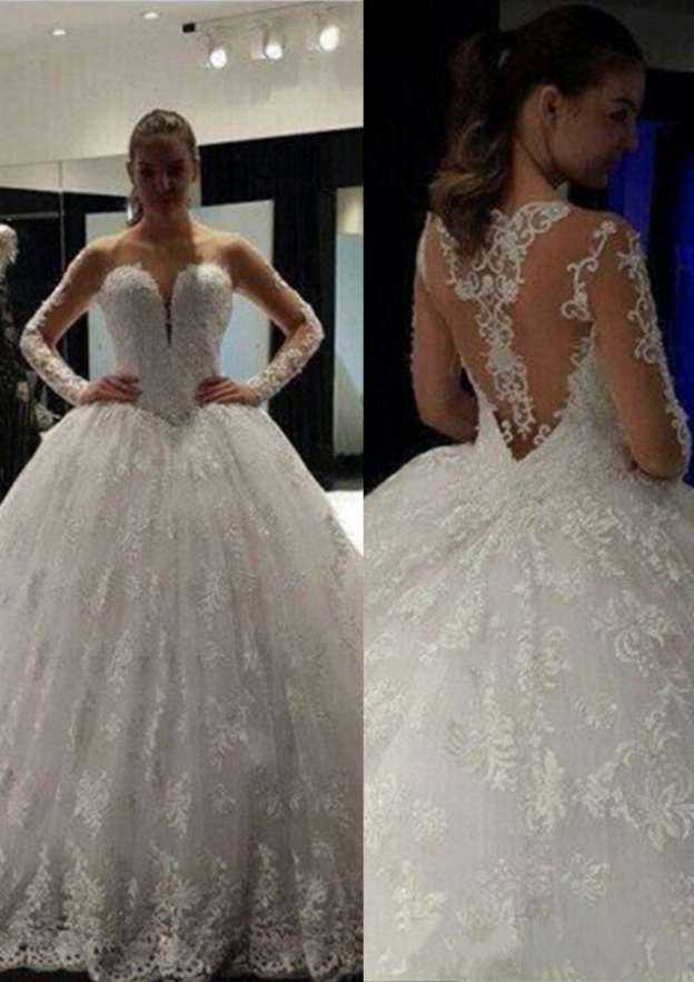 Beautiful Ball Gown Tulle Court Train Wedding Dress with Full/Long Sleeve Sweetheart Design and Appliqued Crystal Detailing BM bride
