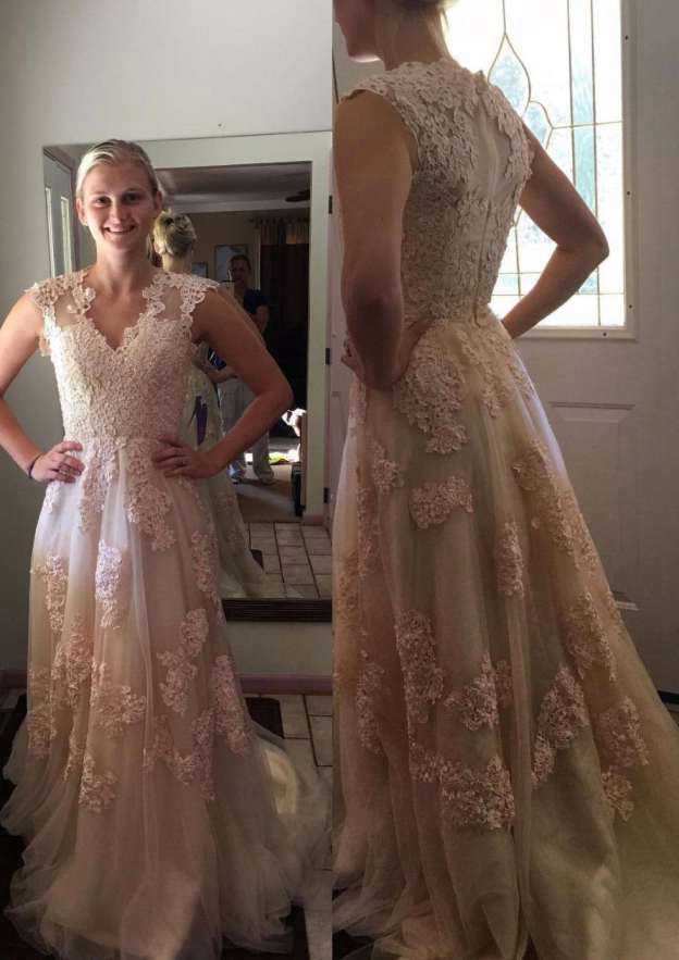 Graceful A-Line/Princess Tulle Wedding Dress with V-Neckline and Lace Sweep Train BM bride