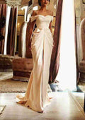 Split Sheath Wedding Dress with Off-The-Shoulder Neckline and Elastic Satin, Featuring Appliqueds and Court Train BM bride