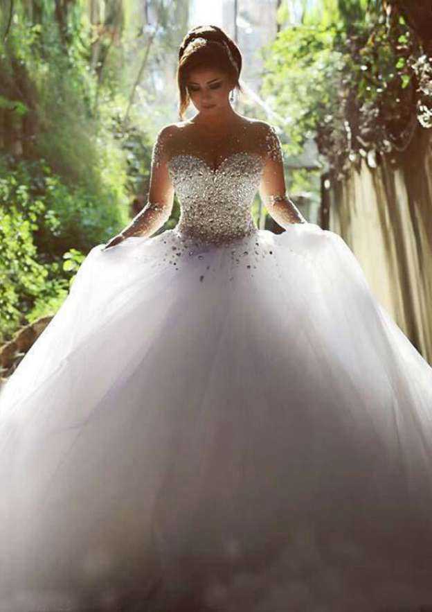 Glamorous Crystal Detailing Rhinestone Ball Gown Tulle Wedding Dress with Scoop Neck and Court Train BM bride