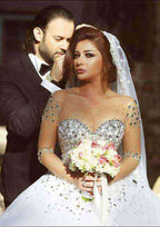 Glamorous Crystal Detailing Rhinestone Ball Gown Tulle Wedding Dress with Scoop Neck and Court Train BM bride