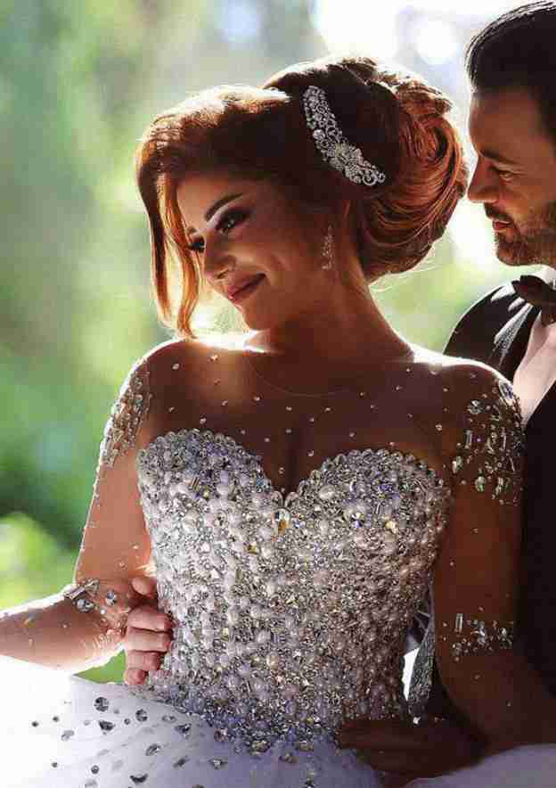Glamorous Crystal Detailing Rhinestone Ball Gown Tulle Wedding Dress with Scoop Neck and Court Train BM bride