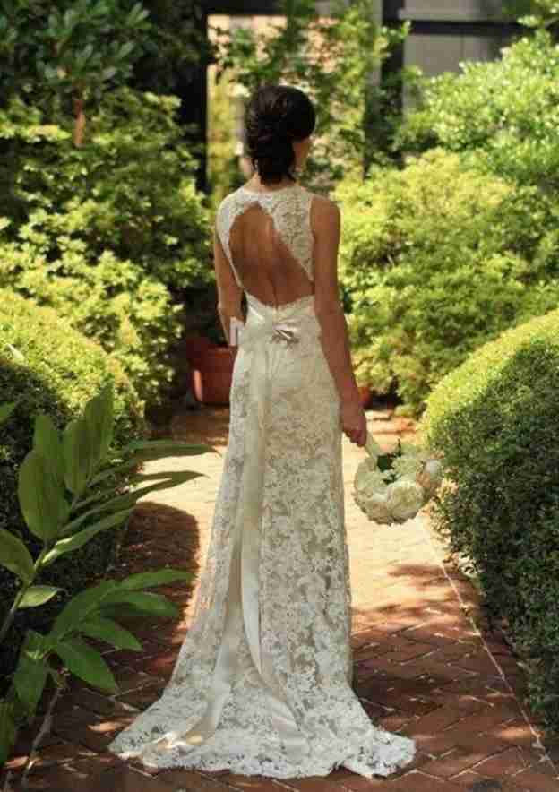 Graceful Lace Wedding Dress: Sheath/Column Sweetheart with Sweep Train and Waistband BM bride