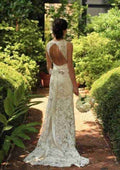 Graceful Lace Wedding Dress: Sheath/Column Sweetheart with Sweep Train and Waistband BM bride