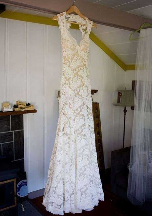 Graceful Lace Wedding Dress: Sheath/Column Sweetheart with Sweep Train and Waistband BM bride
