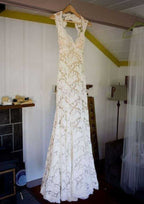 Graceful Lace Wedding Dress: Sheath/Column Sweetheart with Sweep Train and Waistband BM bride