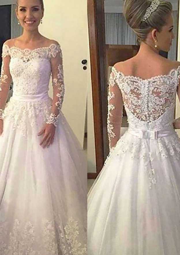 Beautiful Ball Gown Tulle Court Train Wedding Dress with Full/Long Sleeve Off-the-Shoulder Design and Applique Beading BM bride