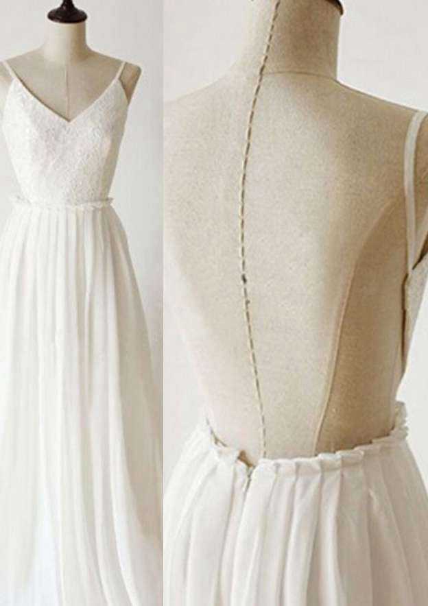 Romantic V-Neck Sweep Train Chiffon Wedding Dress with Lace Accents in A-Line/Princess Fit BM bride