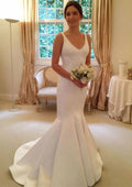 Classic Pleated V-Neck Satin Trumpet/Mermaid Wedding Dress with Court Train BM bride