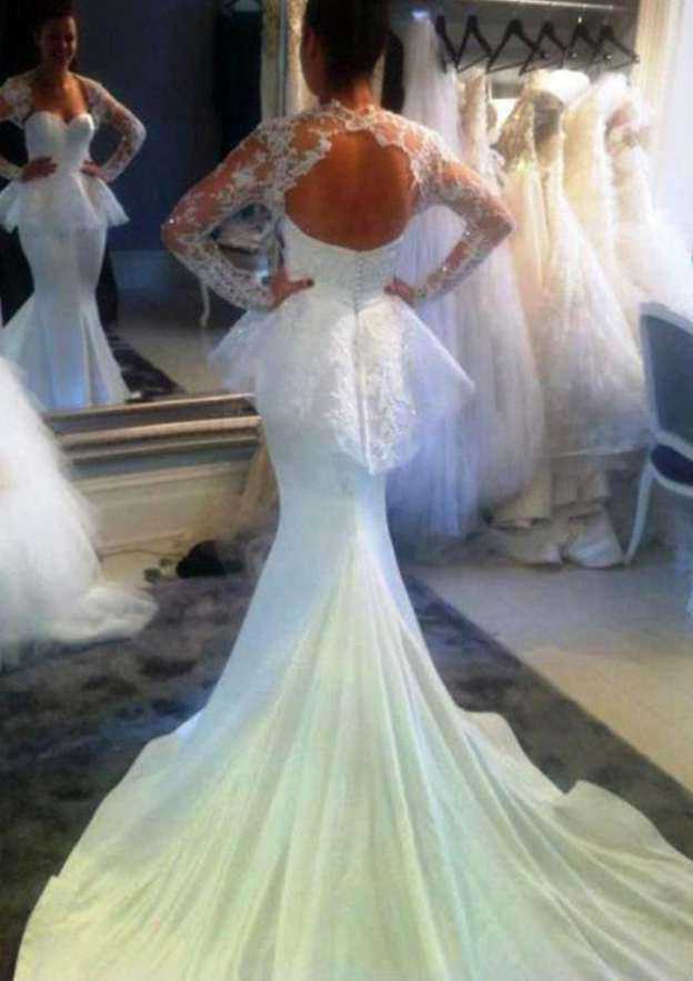 Elegant Chapel Train Trumpet/Mermaid Wedding Dress with Full-Length Sleeves, Sweetheart Neckline, Covered Buttons, and Crystal Appliques in Luxurious Taffeta BM bride