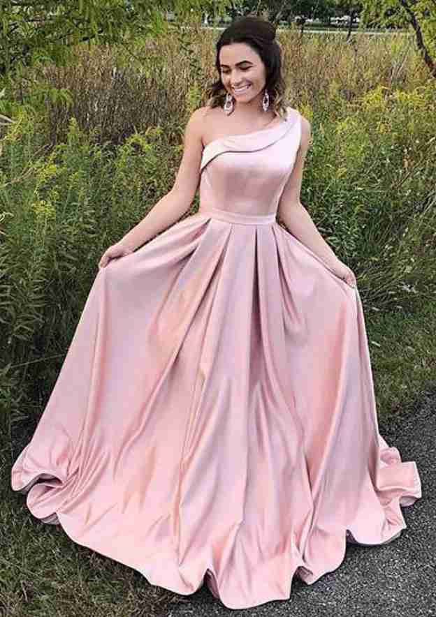 Sweep Train Satin Prom Dress, A-Line/Princess Cut, One-Shoulder, Sleeveless, With Pleats BM bride