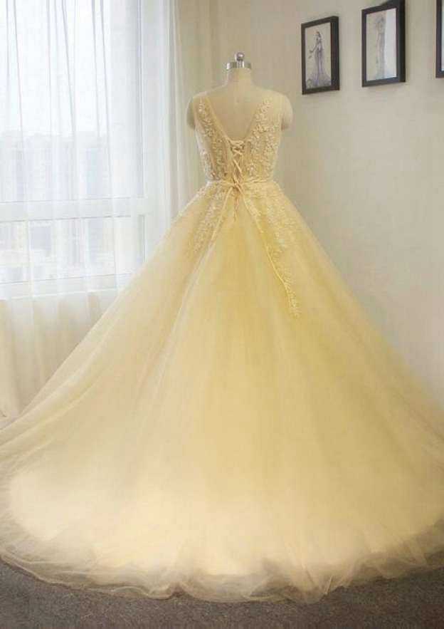 Appliqued V-Neck Tulle A-Line Wedding Dress with Chapel Train BM bride