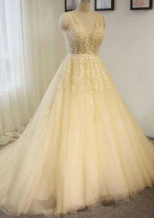 Appliqued V-Neck Tulle A-Line Wedding Dress with Chapel Train BM bride