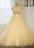 Appliqued V-Neck Tulle A-Line Wedding Dress with Chapel Train BM bride