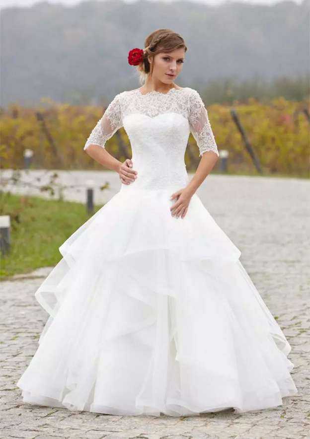 Beautiful Ball Gown Organza Wedding Dress with Bateau Neckline and Long/Floor-Length Skirt with Lace Embellishments BM bride