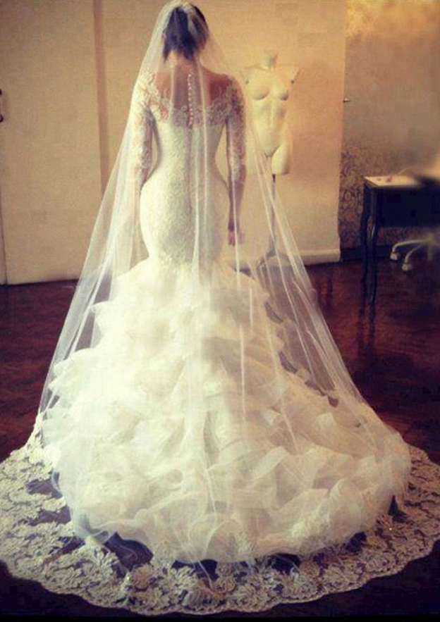 Sophisticated Trumpet/Mermaid Lace Chapel Train Wedding Dress with Full/Long Sleeve Bateau Neckline, Covered Button, and Beaded Details BM bride