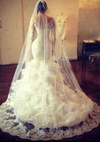 Sophisticated Trumpet/Mermaid Lace Chapel Train Wedding Dress with Full/Long Sleeve Bateau Neckline, Covered Button, and Beaded Details BM bride