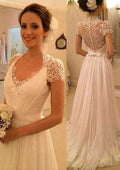 Stylish Chiffon Long Floor-Length A-Line/Princess Short Sleeve Wedding Dress with Scalloped Neck and Covered Button, Featuring Appliqued BM bride