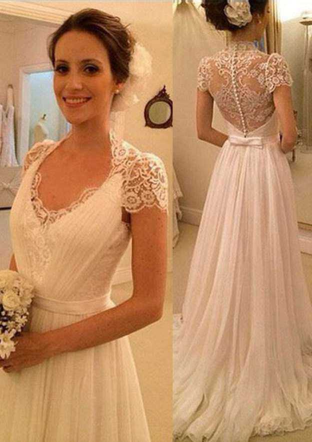 Stylish Chiffon Long Floor-Length A-Line/Princess Short Sleeve Wedding Dress with Scalloped Neck and Covered Button, Featuring Appliqued BM bride