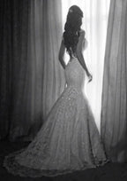 Stylish Trumpet/Mermaid Scalloped Neck Sleeveless Sweep Train Lace Wedding Dress with Applique Details BM bride