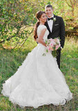 Romantic V-Neck Asymmetrical Tulle Ball Gown Wedding Dress BM bride