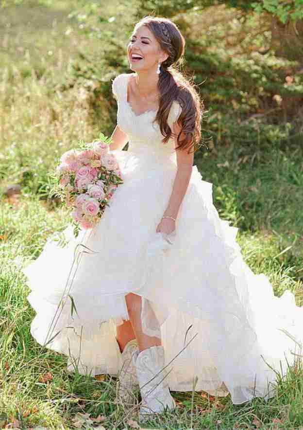Romantic V-Neck Asymmetrical Tulle Ball Gown Wedding Dress BM bride