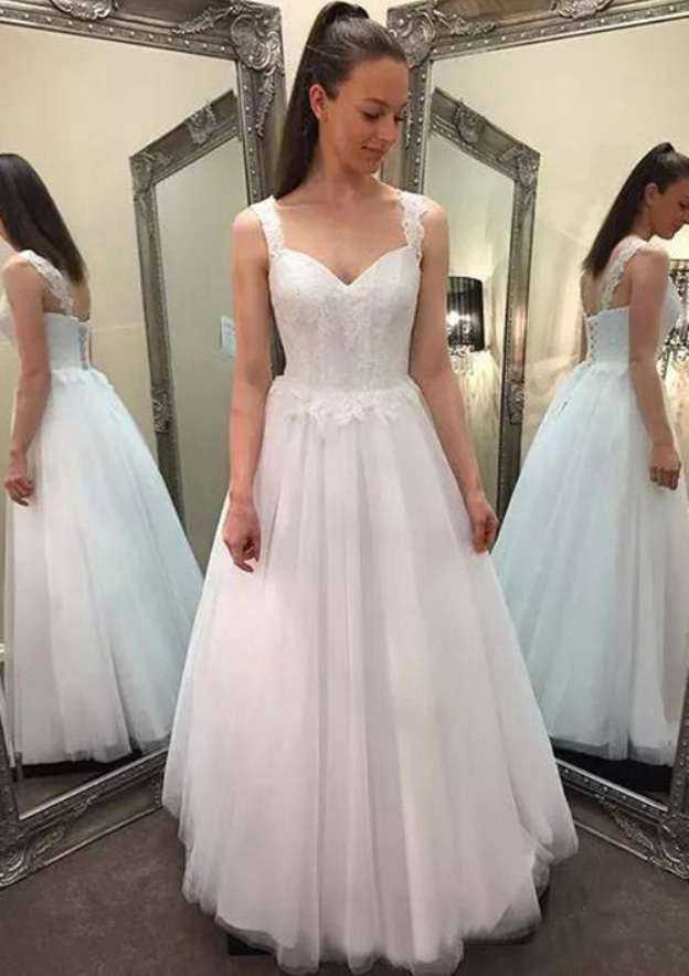 Appliqued Lace A-Line/Princess Wedding Dress with Sleeveless Sweetheart Neckline and Long/Floor-Length Tulle Skirt BM bride