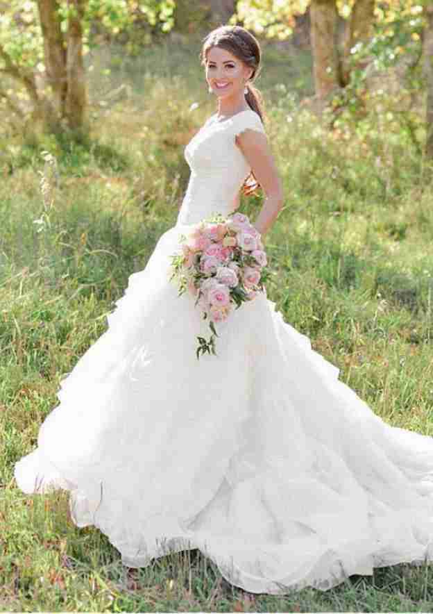 Romantic V-Neck Asymmetrical Tulle Ball Gown Wedding Dress BM bride