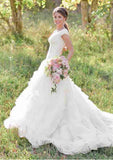 Romantic V-Neck Asymmetrical Tulle Ball Gown Wedding Dress BM bride