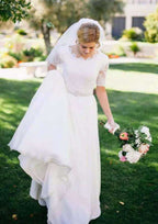 Delicate A-Line/Princess Chiffon Wedding Dress with Scalloped Neckline, Beaded Details, and Sweep Train BM bride