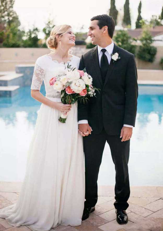 Delicate A-Line/Princess Chiffon Wedding Dress with Scalloped Neckline, Beaded Details, and Sweep Train BM bride