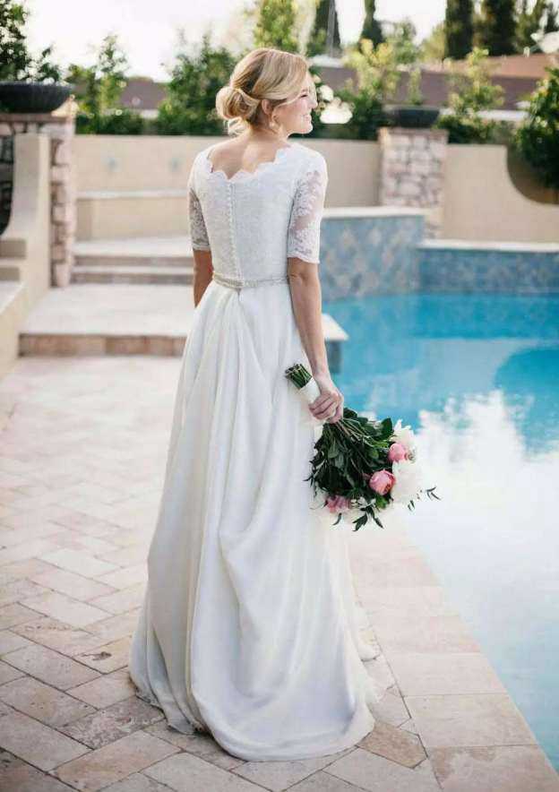 Delicate A-Line/Princess Chiffon Wedding Dress with Scalloped Neckline, Beaded Details, and Sweep Train BM bride