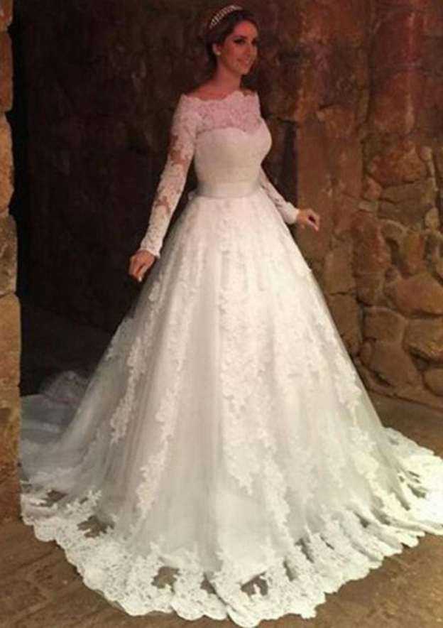 Timeless Lace Court Train Ball Gown: Full/Long Sleeve Off-The-Shoulder with Appliqued Waistband BM bride