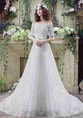 Sexy Lace Off-The-Shoulder Tulle A-Line/Princess Wedding Dress with Court Train BM bride