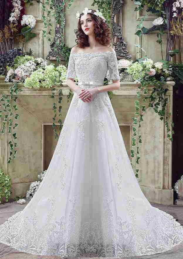 Sexy Lace Off-The-Shoulder Tulle A-Line/Princess Wedding Dress with Court Train BM bride