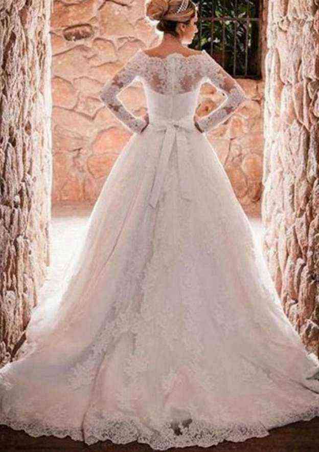 Timeless Lace Court Train Ball Gown: Full/Long Sleeve Off-The-Shoulder with Appliqued Waistband BM bride