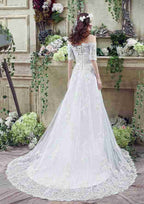 Sexy Lace Off-The-Shoulder Tulle A-Line/Princess Wedding Dress with Court Train BM bride