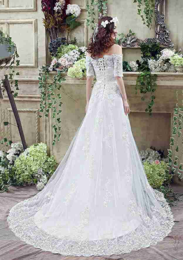Sexy Lace Off-The-Shoulder Tulle A-Line/Princess Wedding Dress with Court Train BM bride