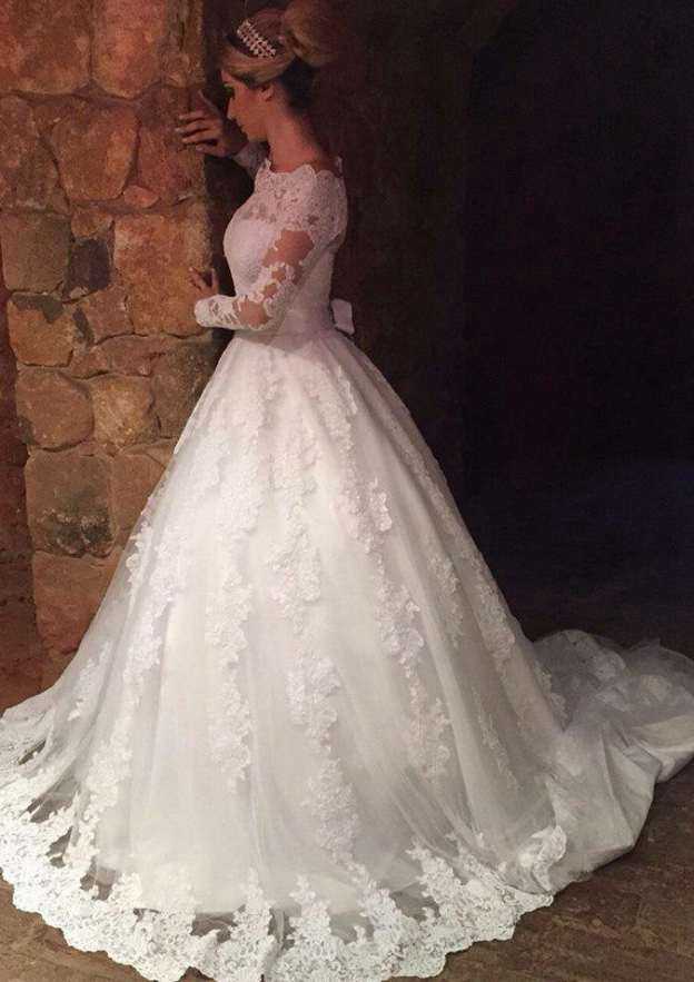 Timeless Lace Court Train Ball Gown: Full/Long Sleeve Off-The-Shoulder with Appliqued Waistband BM bride