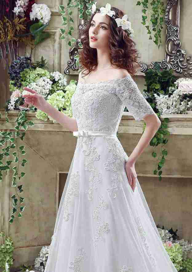 Sexy Lace Off-The-Shoulder Tulle A-Line/Princess Wedding Dress with Court Train BM bride
