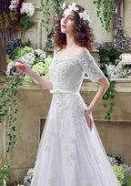 Sexy Lace Off-The-Shoulder Tulle A-Line/Princess Wedding Dress with Court Train BM bride