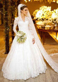 Beautiful Ball Gown: Scalloped Neck Full Long Sleeve with Chapel Train and Applique Lace BM bride