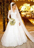 Beautiful Ball Gown: Scalloped Neck Full Long Sleeve with Chapel Train and Appliqued Lace BM bride