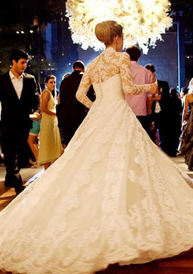 Beautiful Ball Gown: Scalloped Neck Full Long Sleeve with Chapel Train and Applique Lace BM bride