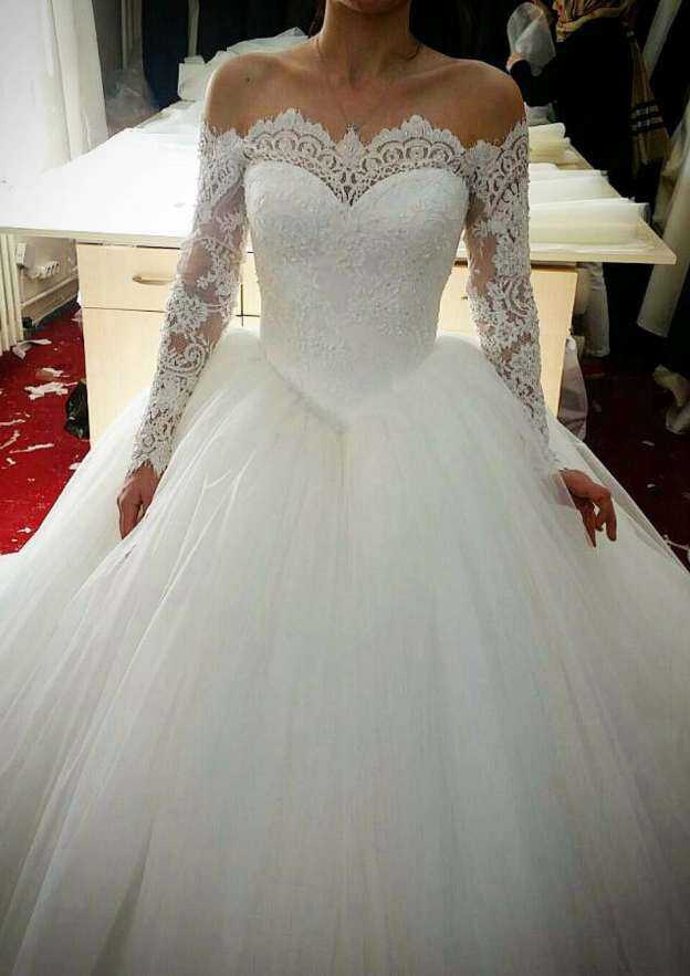 Beaded Lace Off-The-Shoulder Ball Gown Wedding Dress with Tulle and Sweep Train BM bride