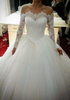 Beaded Lace Off-The-Shoulder Ball Gown Wedding Dress with Tulle and Sweep Train BM bride