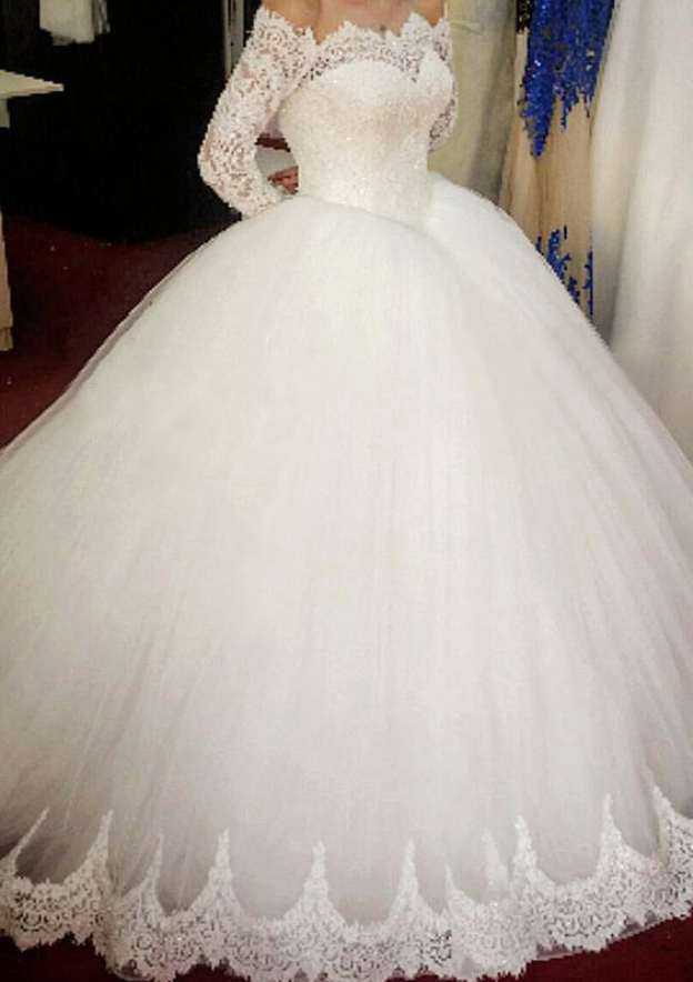 Beaded Lace Off-The-Shoulder Ball Gown Wedding Dress with Tulle and Sweep Train BM bride