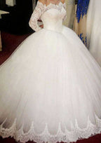 Beaded Lace Off-The-Shoulder Ball Gown Wedding Dress with Tulle and Sweep Train BM bride